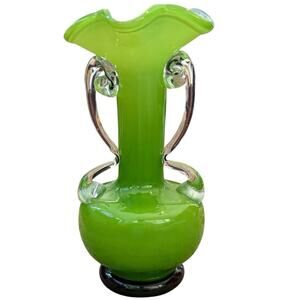 Vintage Blown Glass Double Applied Handle Vase Green Fluted Ruffled Rim